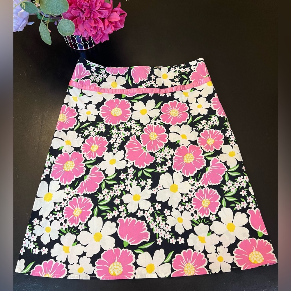 Star City Y2K Pink Black Floral Daisy A‎ Line Knee Length Skirt Sz 7 Barbiecore